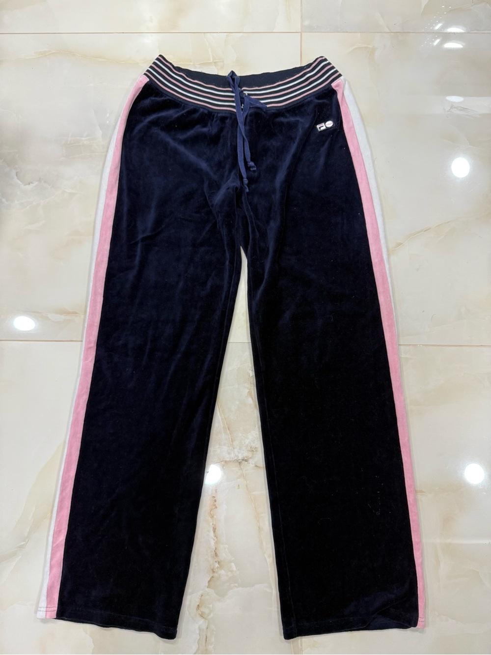 Navy Velour Track Pants with Pink Side Stripes